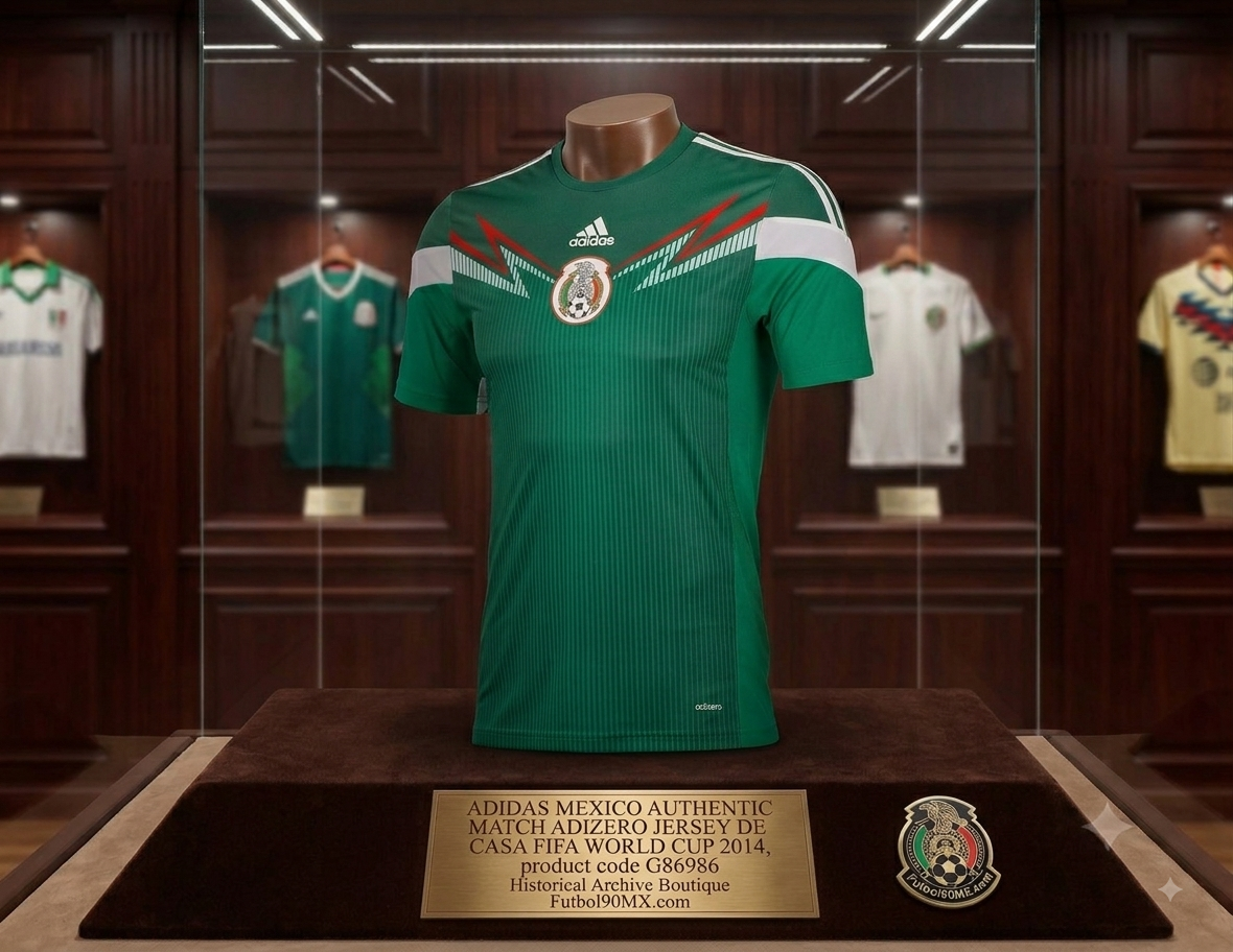 Imagen de exhibición tipo museo del Adidas México Authentic Match Adizero Home Jersey Copa Mundial FIFA 2014 (Art. G86986) en la Historical Archive Boutique de Futbol90MX.