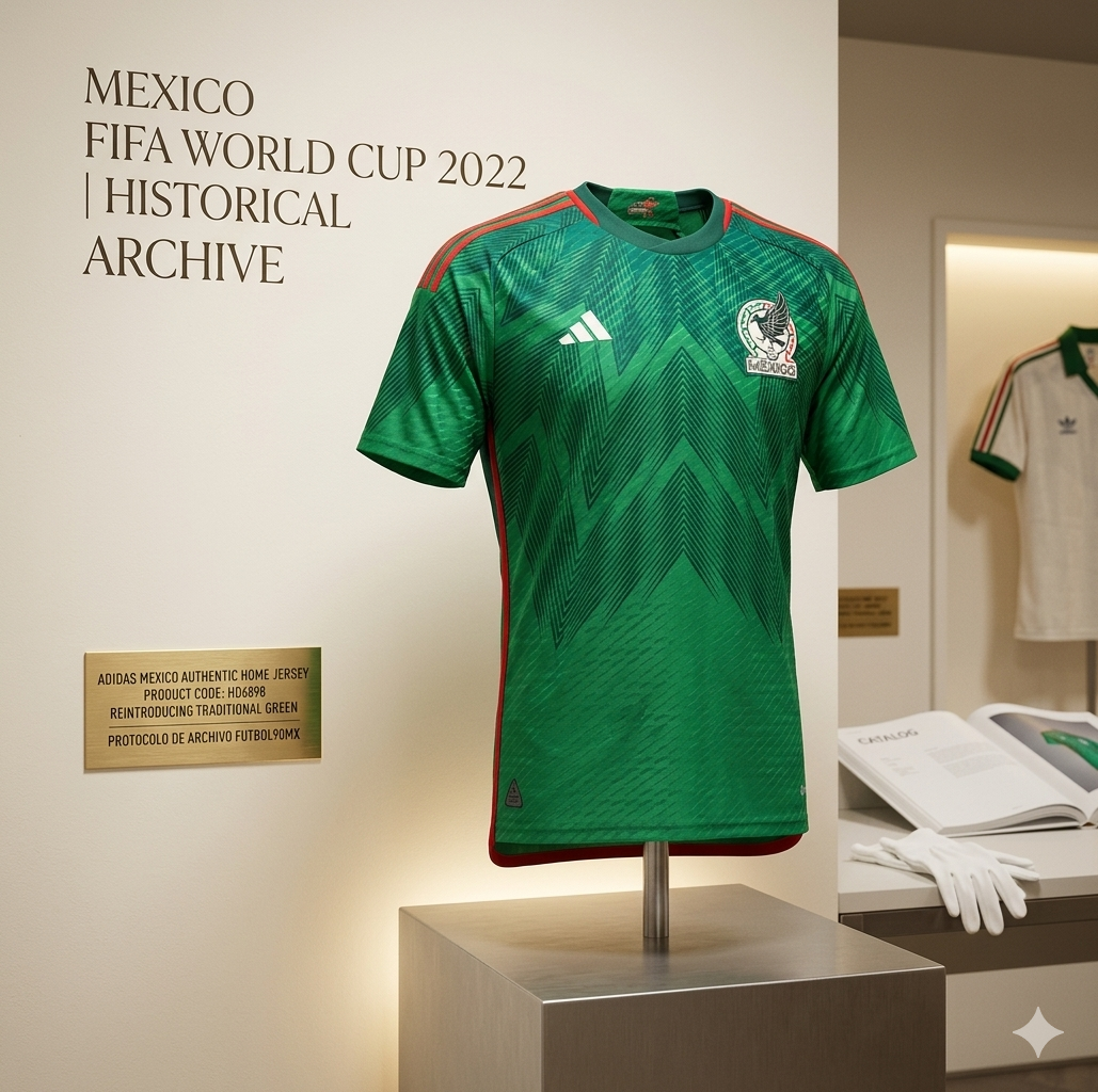 Jersey Adidas Authentic Match de México Mundial FIFA 2022 exhibido en vitrina de museo, código HD6898, parte de la colección Historical Archive Boutique de Futbol90MX.