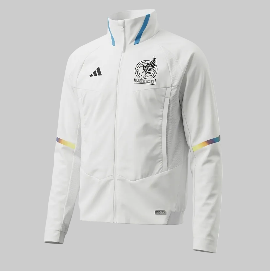 Chamarra oficial Adidas México Anthem Jacket 2022 IC4452. Versión Game Day color blanco con detalles en degradado de mangas y escudo monocromático de la Selección Mexicana. Pieza de archivo Deadstock en Futbol90MX