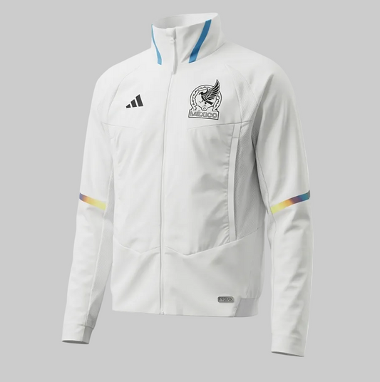 Chamarra oficial Adidas México Anthem Jacket 2022 IC4452. Versión Game Day color blanco con detalles en degradado de mangas y escudo monocromático de la Selección Mexicana. Pieza de archivo Deadstock en Futbol90MX