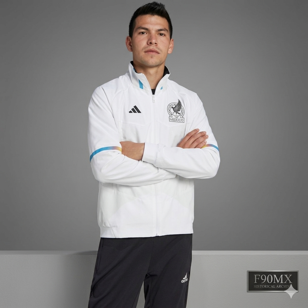 Jugador de la Selección Nacional de México portando la chamarra oficial Game Day Anthem 2022. Fotografía editorial que muestra el ajuste Athletic Fit y el diseño minimalista de la era Qatar 2022.