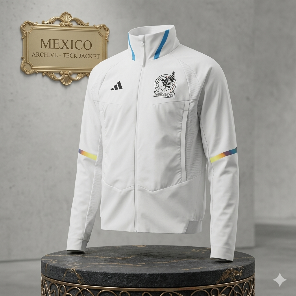 Presentación de archivo histórico para la chamarra de himno de México Mundial Qatar 2022. Vista frontal en ángulo sobre pedestal de mármol en boutique de memorabilia de lujo Futbol90MX.
