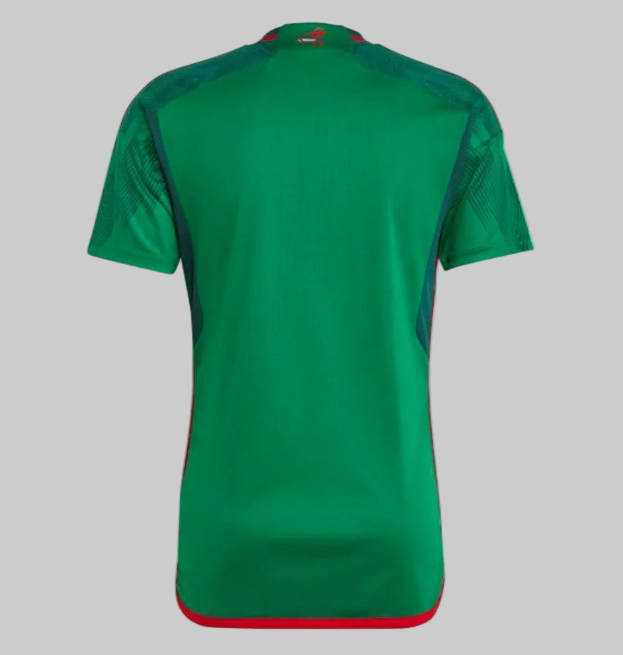 Parte trasera del jersey Adidas de México 2022 con el detalle del gráfico de la serpiente en la nuca.