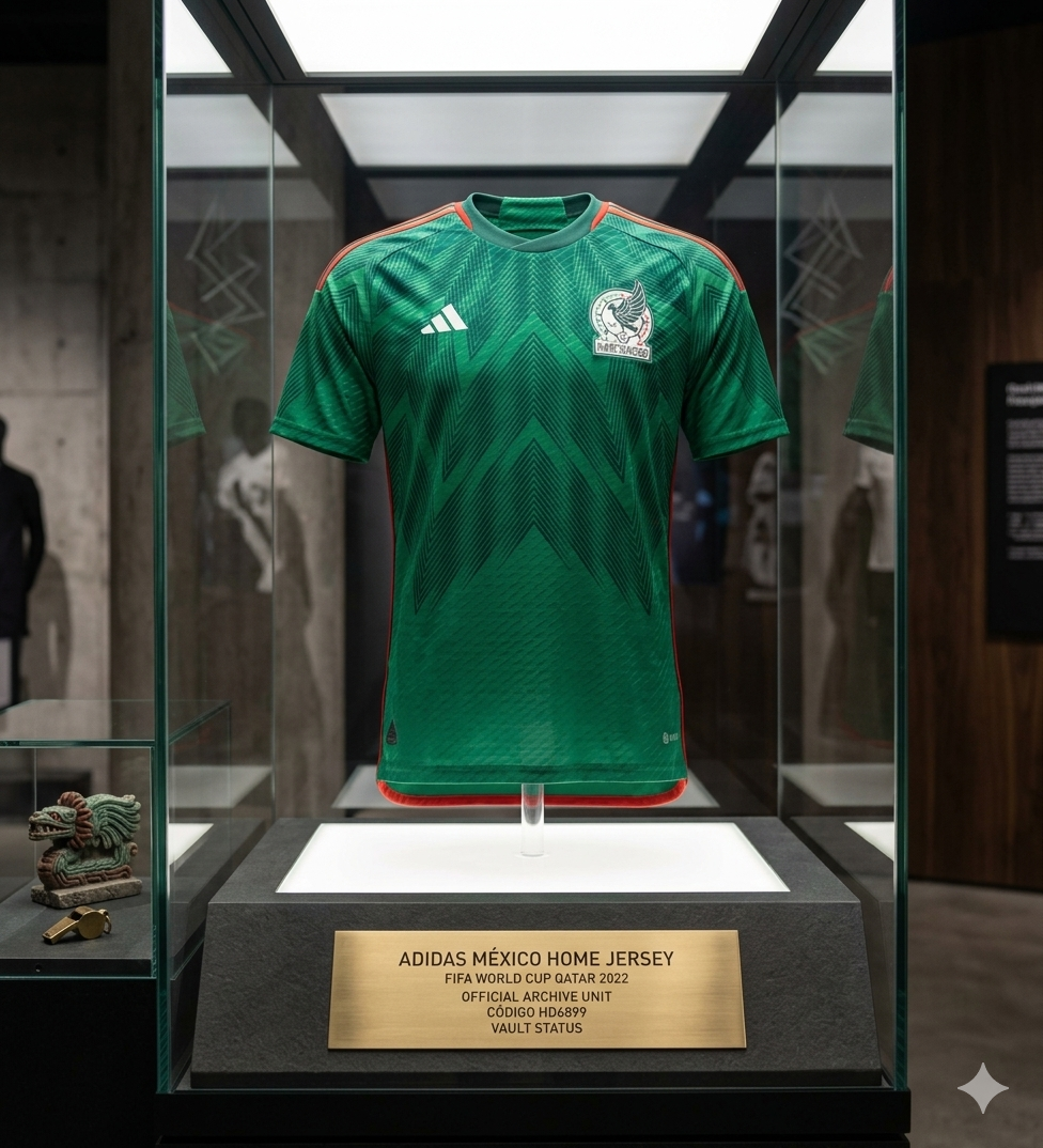 Jersey México 2022 presentado en vitrina de exhibición de la Historical Archive Boutique Futbol90MX, codigo Adidas HD6899