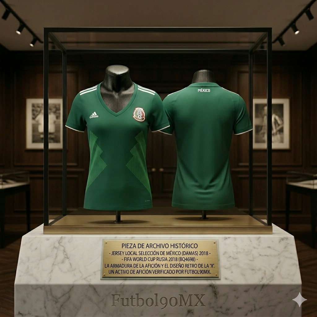 Exhibición de archivo histórico de Jersey México 2018 para dama diseño retro de la X en vitrina de galería Futbol90MX Adidas BQ4695