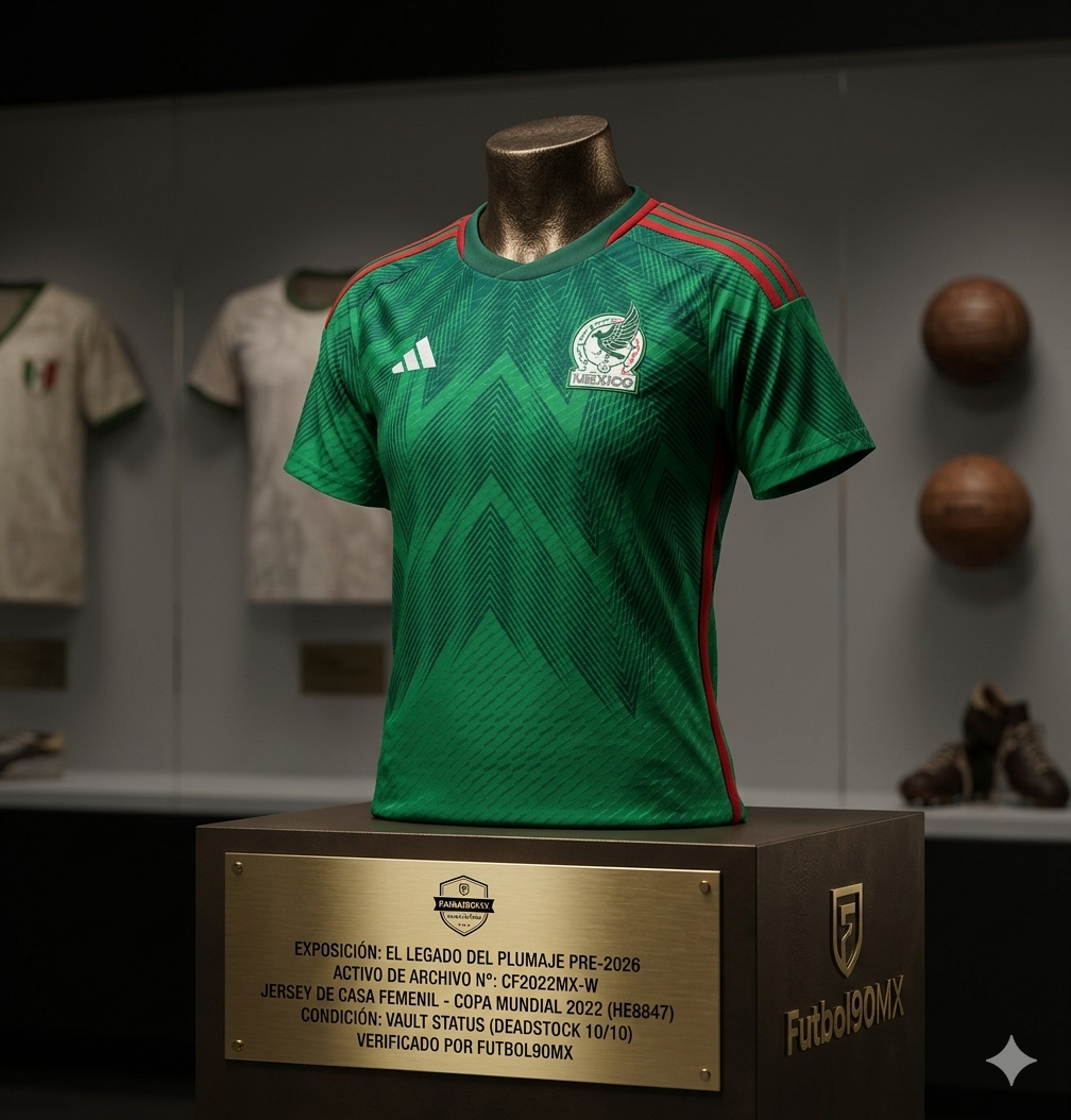 Exhibición de museo del jersey México Femenil 2022 HE8847 en la boutique Futbol90MX. Presentado en pedestal de archivo con placa técnica que certifica su Vault Status y valor histórico.