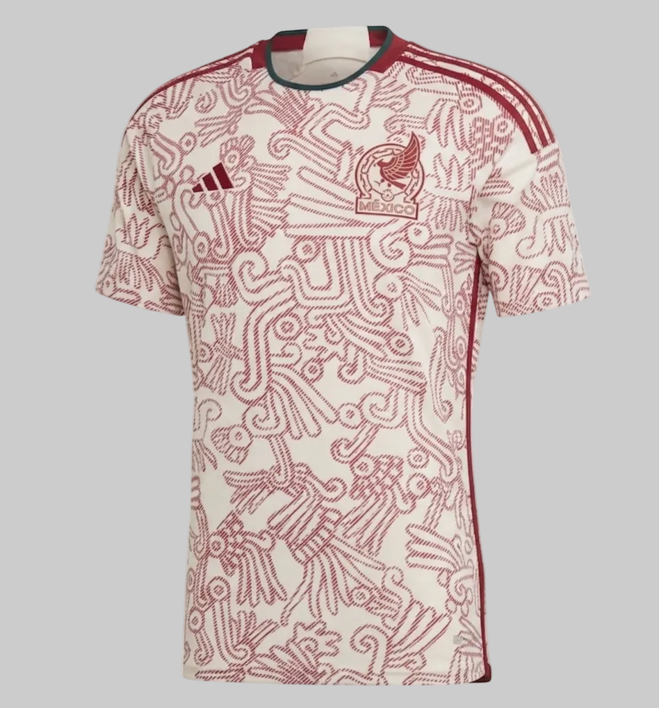 Jersey oficial adidas de visitante de la Selección Mexicana 2022, diseño con patrón artístico prehispánico inspirado en Quetzalcóatl, edición Copa Mundial FIFA 2022, codigo HD9314, disponible en Futbol90MX.