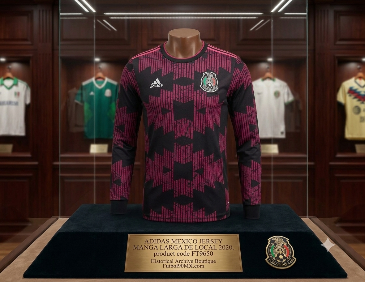 Exhibición en vitrina de museo de la Historical Archive Boutique de Futbol90MX mostrando el jersey Adidas México de local manga larga FT9650 con placa conmemorativa.