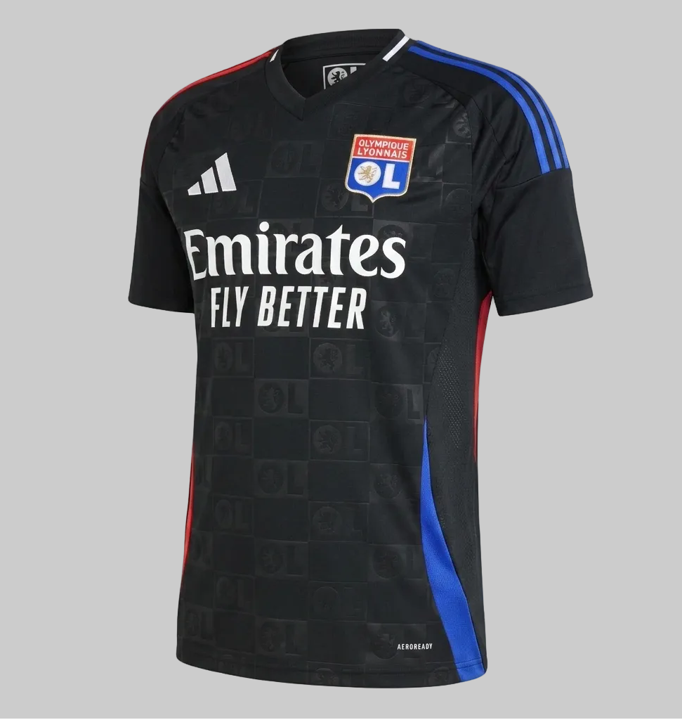 Jersey Adidas IT6512 Olympique Lyonnais Visita 2024-25 color negro con tecnología AEROREADY, franjas bicolor en hombros y escudo bordado en Futbol90MX