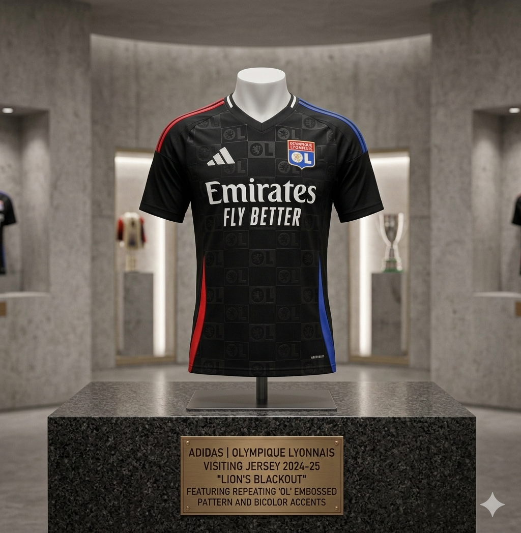 Imagen de calidad de museo de la vista frontal del Jersey Adidas Olympique Lyonnais Visita 2024-25, montado sobre un maniquí en una sofisticada exhibición de galería. El jersey es negro con detalles en rojo y azul y el patrón 'OL' en relieve. El maniquí está sobre un pedestal de mármol negro con una placa informativa de latón dorado que dice: 'ADIDAS | OLYMPIQUE LYONNAIS | VISITING JERSEY 2024-25 | "LION'S BLACKOUT" | FEATURING REPEATING 'OL' EMBOSSED PATTERN AND BICOLOR ACCENTS'. El fondo es una elegante