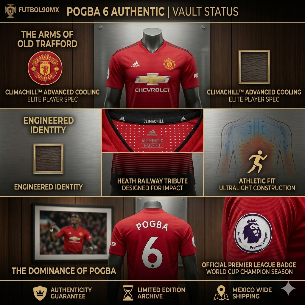 Infografía de archivo: Adidas Manchester United 2018/19 Authentic Pogba #6 con detalles técnicos Climachill y estatus Vault.