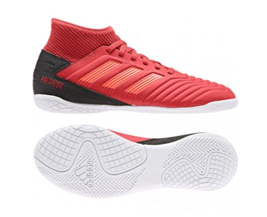 Adidas Indoor Red soccer cleat with white sole on a white background