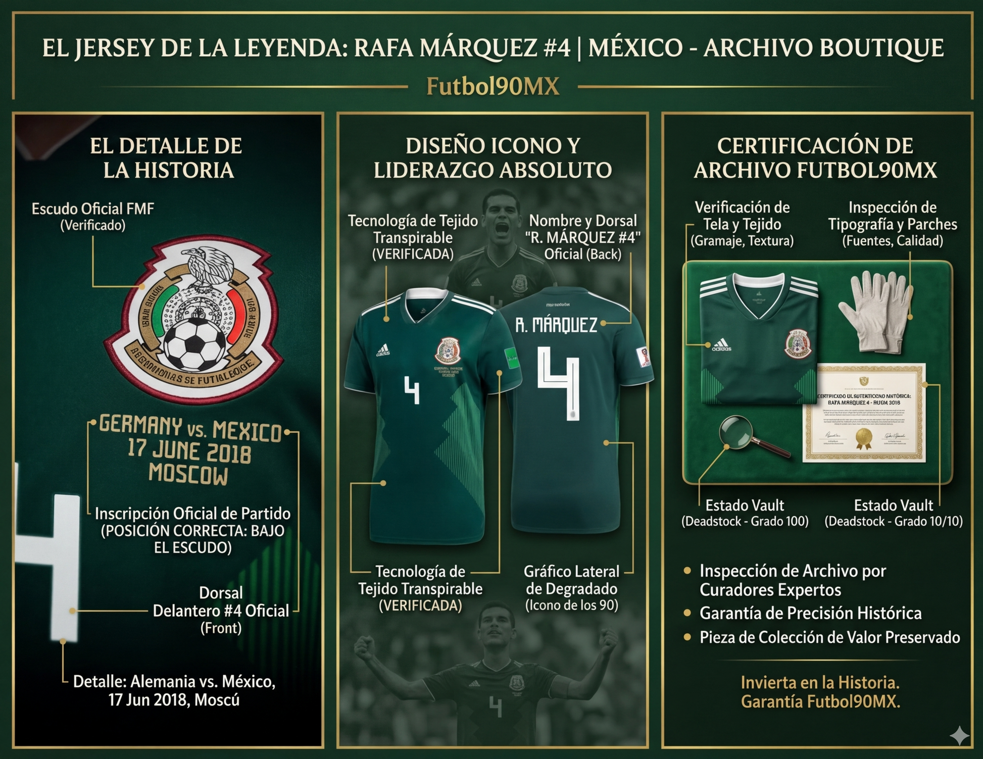 Infografía de Futbol90MX que muestra el proceso de inspección de curadores expertos y la garantía de precisión histórica para la pieza de Rafael Márquez.