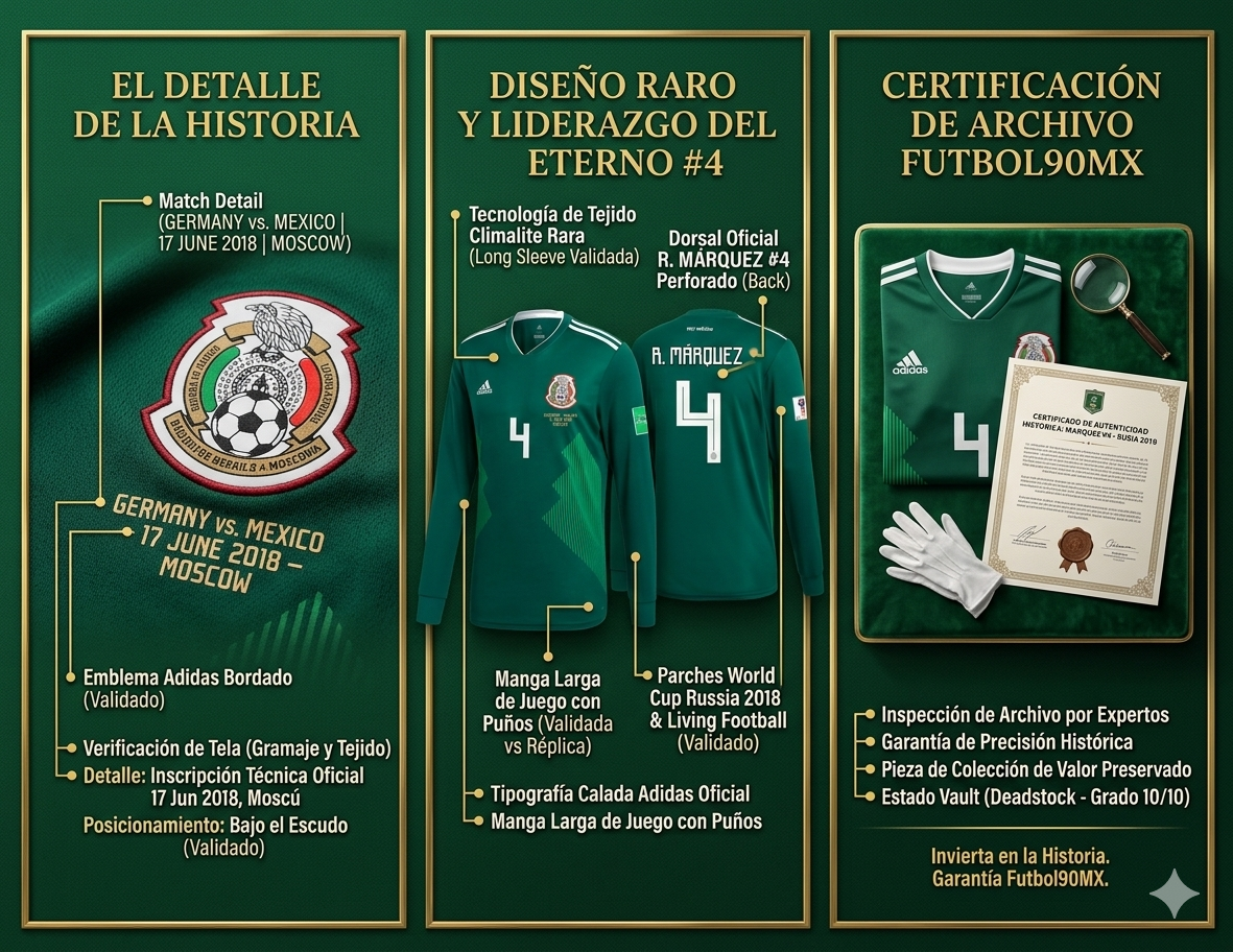 Panel de certificación de archivo que valida la inspección de expertos, la precisión histórica del Match Detail y el estatus de inversión del jersey de Rafael Márquez.