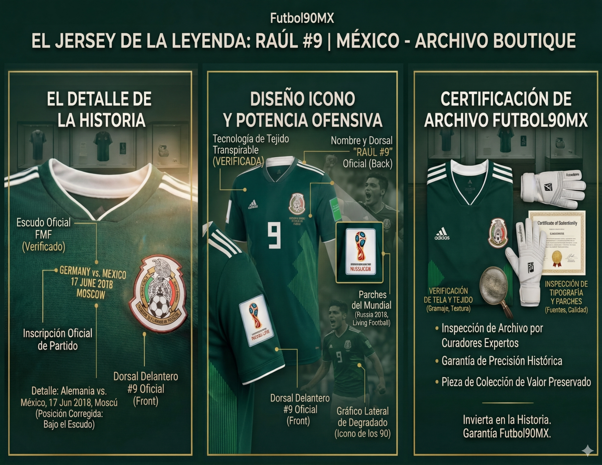 Infografía de Futbol90MX que muestra el proceso de inspección de curadores expertos y la garantía de precisión histórica para la pieza de Raúl Jiménez.
