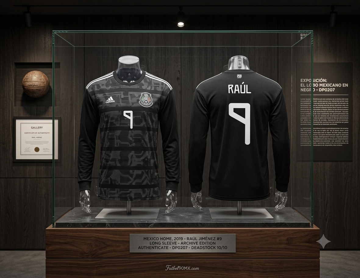 Exhibición de archivo Futbol90MX: Jersey Manga Larga Adidas México 2019 local de Raúl Jiménez en vitrina premium, certificado de autenticidad, codigo DP0207