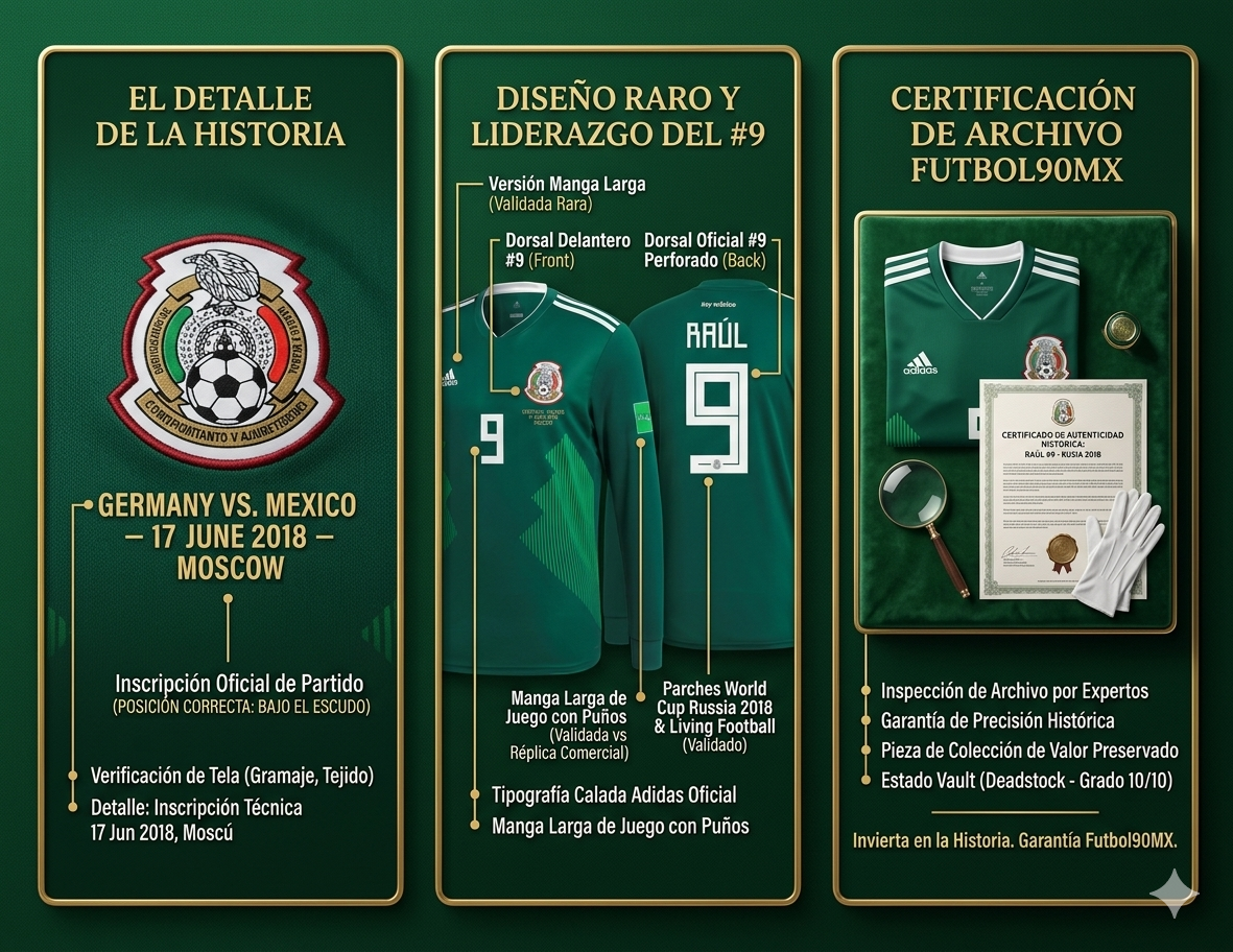 Infografía de Futbol90MX que certifica la inspección de expertos, la precisión histórica del Match Detail y el estado Vault Grado 10/10 para la pieza de Raúl Jiménez.
