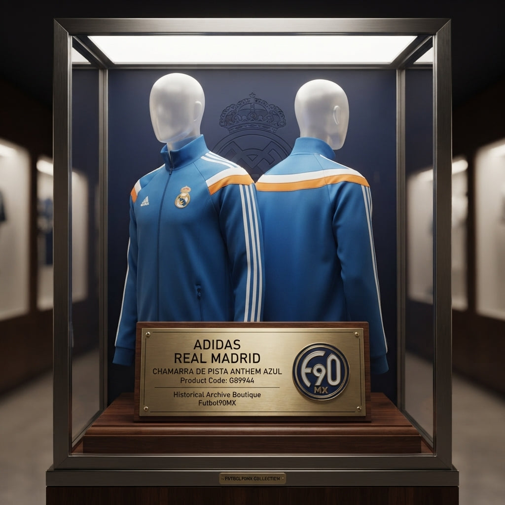 Vista de la Chamarra de pista Adidas Real Madrid Anthem 2013/14 (G89944) expuesta en una vitrina museística de la Historical Archive Boutique, acompañada de elementos de colección de Futbol90MX