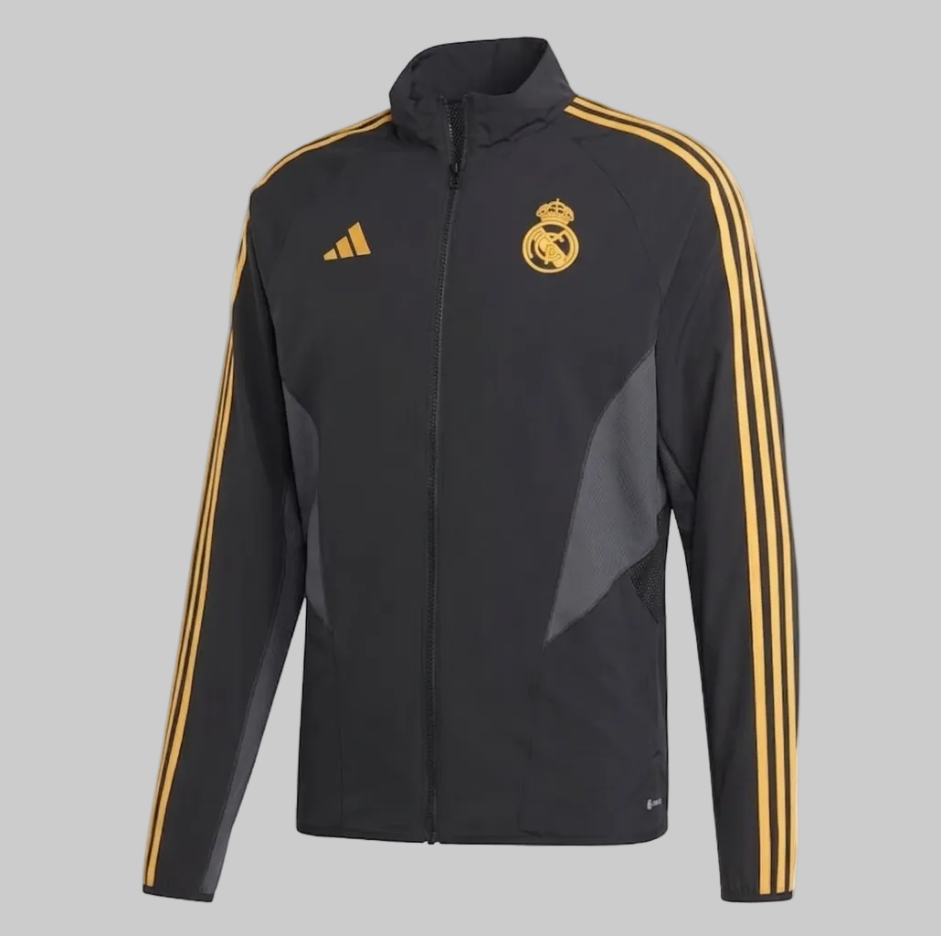 Chamarra de himno Adidas Real Madrid Euro Anthem Jacket 2023/24 HY0641 en color Negro con detalles dorados premium.