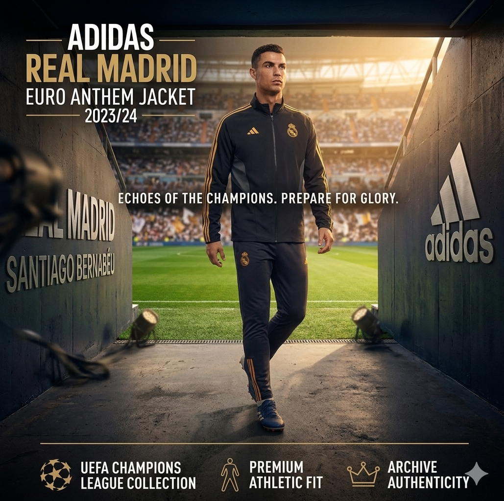 Chamarra Real Madrid Euro Anthem 2023/24 conservada en condiciones de archivo histórico para preservar su valor.