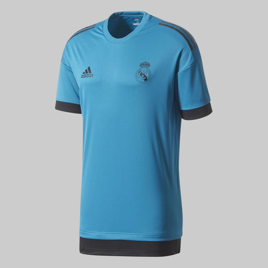 Adidas Real Madrid Jersey de Entrenamiento UEFA Champions League 2017/18 (BQ7840). Vista frontal completa en color azul brillante con detalles en gris oscuro, escudo oficial del club y logotipo de Adidas. Pieza de archivo premium de Futbol90MX