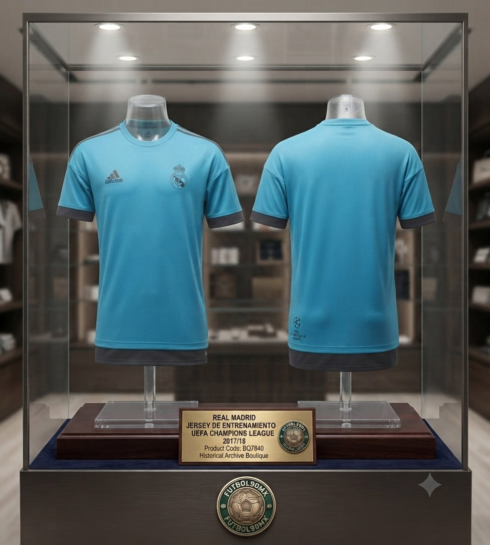 Vista de museo del Jersey Adidas Real Madrid de Entrenamiento UEFA Champions League 2017/18 (BQ7840) expuesto en una vitrina museística de la Historical Archive Boutique, acompañada de elementos de colección de Futbol90MX