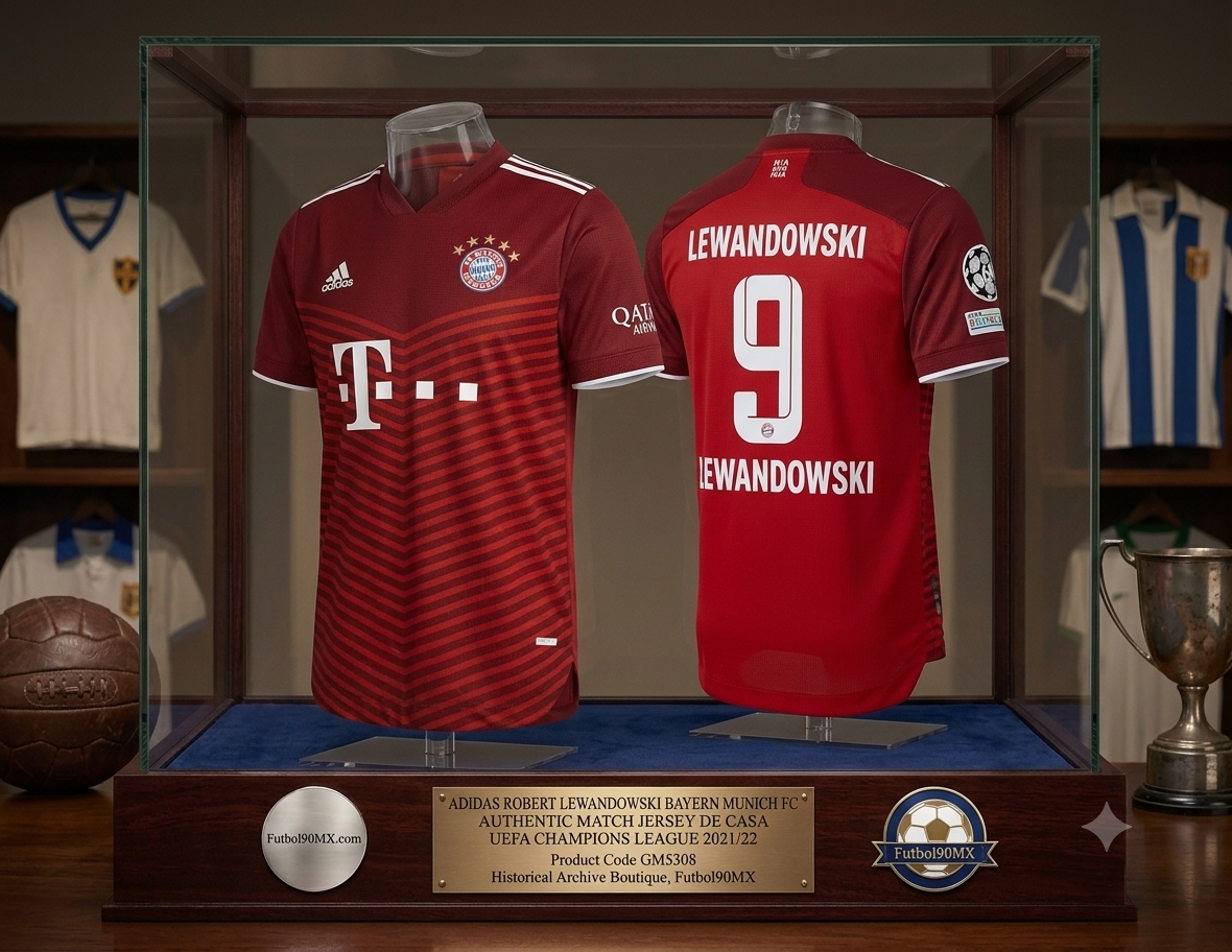 Exhibición de museo de élite para el jersey Adidas Authentic Match del FC Bayern Múnich de la UEFA Champions League 2021/22 personalizado con Robert Lewandowski #9 (Ref. GM5308) en vitrina de caoba con placa conmemorativa en Historical Archive Boutique Futbol90MX