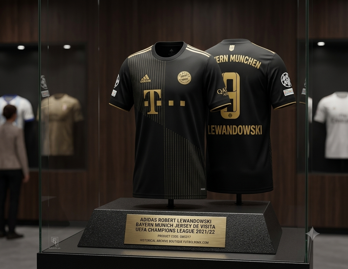 Una toma de marketing con calidad de museo que muestra la camiseta de visitante de Robert Lewandows del Bayern de Múnich UCL 2021-22, negra y dorada, del archivo histórico de futbol90mx.com. La camiseta se exhibe sobre un pedestal con una placa dorada que la identifica como el artículo GM5317i