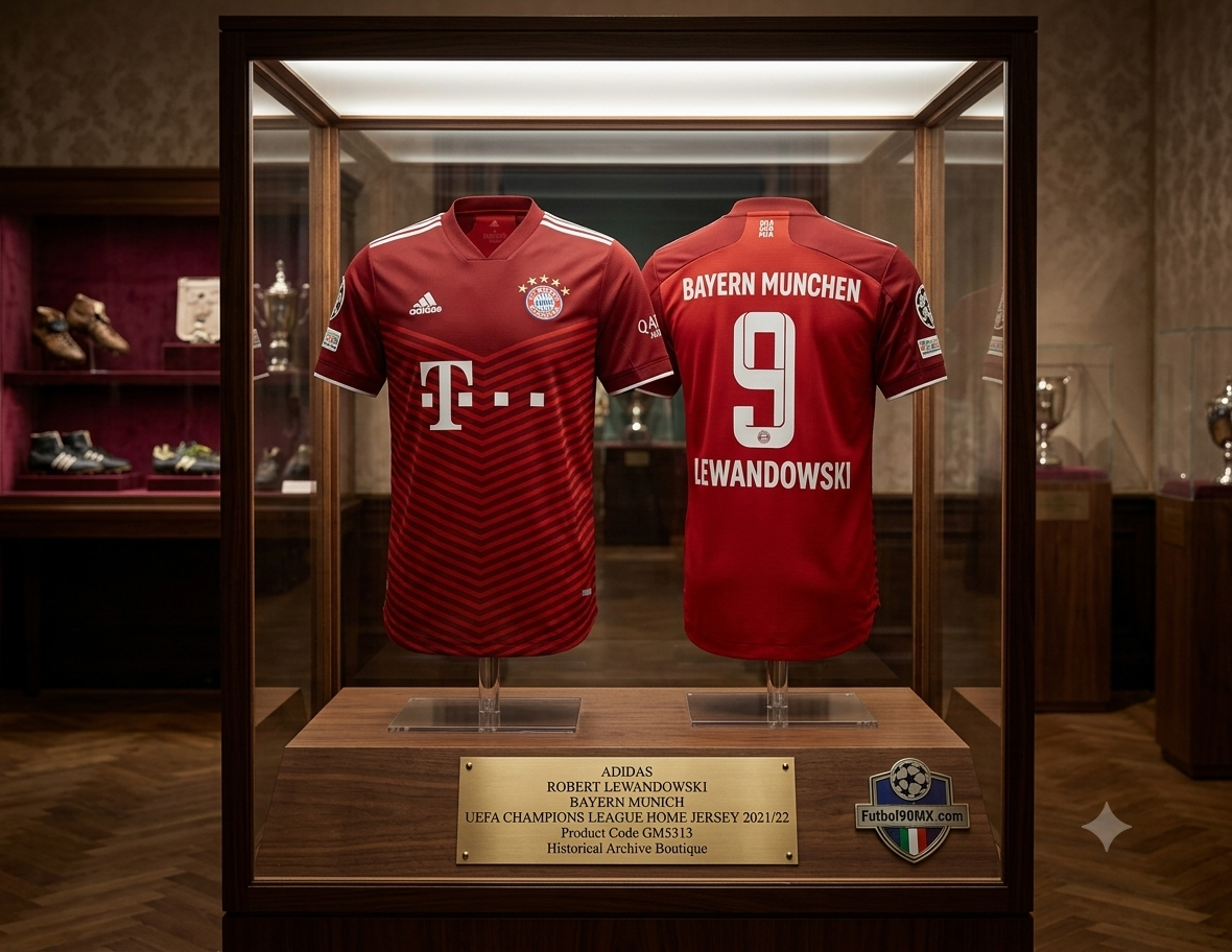 Vista con calidad de museo de una vitrina de archivo iluminada con LED en un entorno sobrio, que exhibe conjuntamente el frente y el reverso del jersey Adidas del FC Bayern München UCL 2021/22 de Robert Lewandowski #9 sobre bases estilizadas, codigo GM5313, con una placa descriptiva de la colección en la parte inferior, en Historical Archive Boutique Futbol90MX