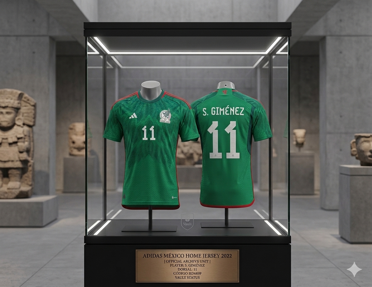 Activo de colección Santiago Giménez México Local 2022 en vitrina de exhibición de lujo, Vault Status Futbol90MX codigo Adidas HD6899