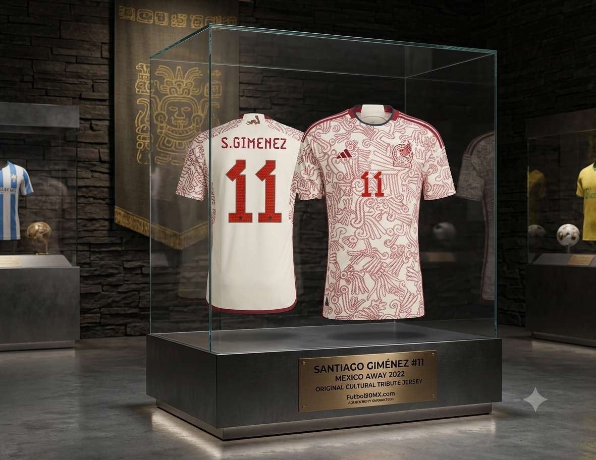 Jersey adidas de visitante de México Mundial 2022 con dorsal de Santiago Giménez #11, codigo HD9314, exhibido en vitrina con placa conmemorativa de Futbol90MX, pieza de archivo certificada.