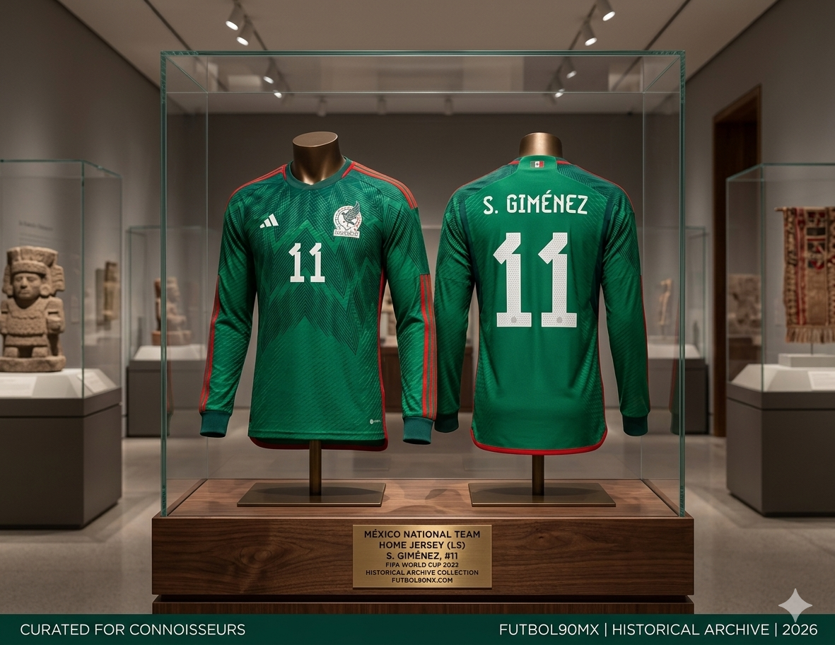 Una vitrina de cristal de museo exhibe dos maniquíes que portan el jersey de fútbol Adidas de México local manga larga 2022 de Santiago Giménez, mostrando el frente con el número 11 blanco en el centro del pecho y la espalda personalizada con el dorsal S. GIMÉNEZ #11 en Futbol90MX, codigo HE8850