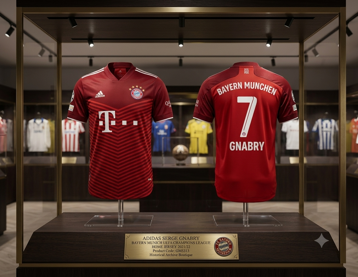Vista con calidad de museo de una vitrina de archivo iluminada con LED en un entorno sobrio, que exhibe conjuntamente el frente y el reverso del jersey Adidas del FC Bayern München 2021/22 de Serge Gnabry #7 sobre bases estilizadas, codigo GM5313, con una placa descriptiva de la colección en la parte inferior, Historical Archive Boutique Futbol90MX