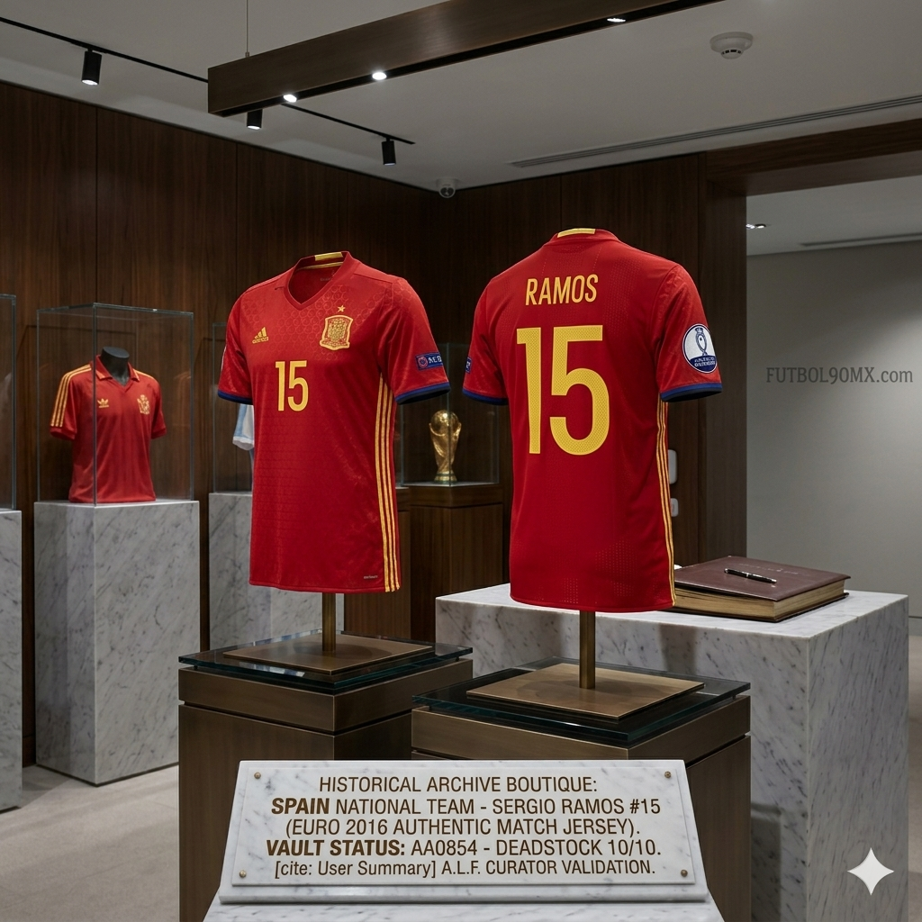 Imagen de exhibición de la Historical Archive Boutique Futbol90MX presentando el jersey de Sergio Ramos en un entorno de curaduría profesional con pedestales de mármol, Adidas AA0854