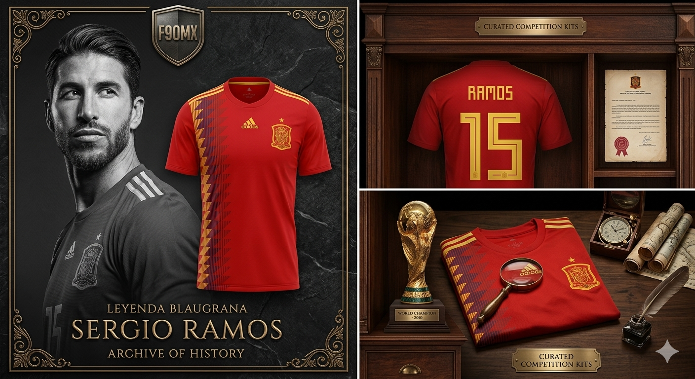Composición de marketing de 3 paneles estilo museo para el jersey Adidas de Sergio Ramos España 2018. El panel izquierdo muestra un retrato cinematográfico del capitán con el uniforme local; el panel superior derecho presenta una vitrina de madera con la dorsal RAMOS 15 y documentos de archivo; el panel inferior derecho exhibe un bodegón curado con el jersey plegado, una lupa de latón, mapas antiguos y el trofeo de la Copa del Mundo, resaltando el estatus de pieza de colección histórica en Futbol90MX.