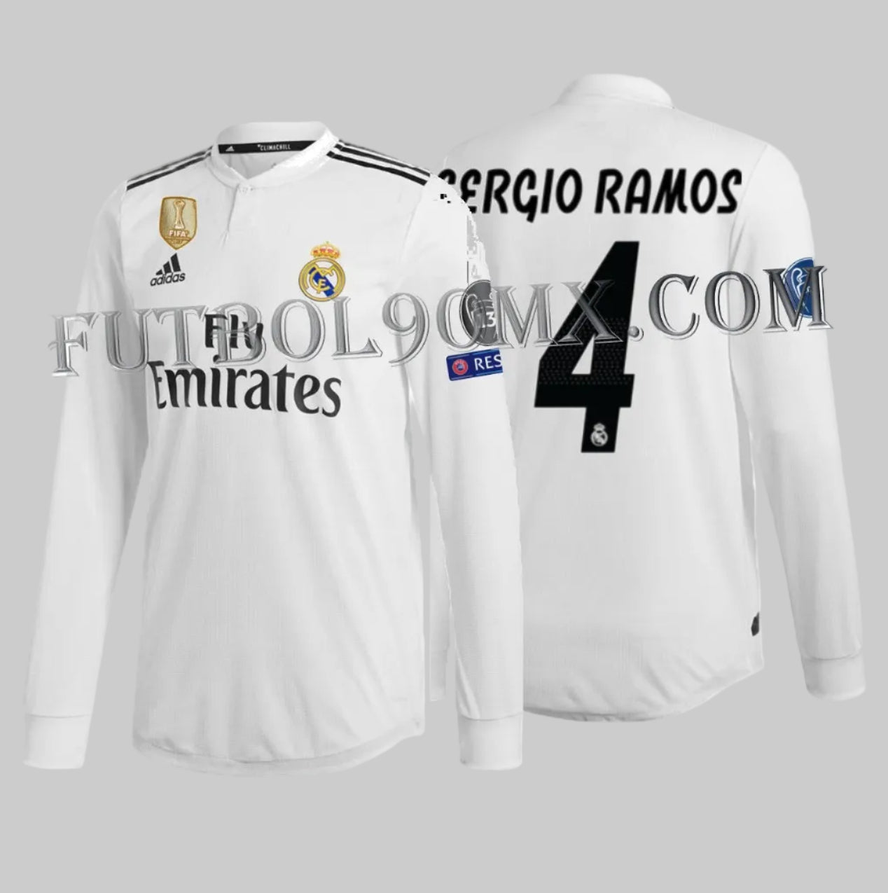 Detalle frontal del jersey de local Real Madrid 2018/19, mostrando el escudo del club, el logo Adidas y el parche oficial de Campeón Mundial de la FIFA 2017, dorsal oficial "SERGIO RAMOS 4" en la espalda, tipografía de competición europea. Calidad Authentic Match DQ0869.