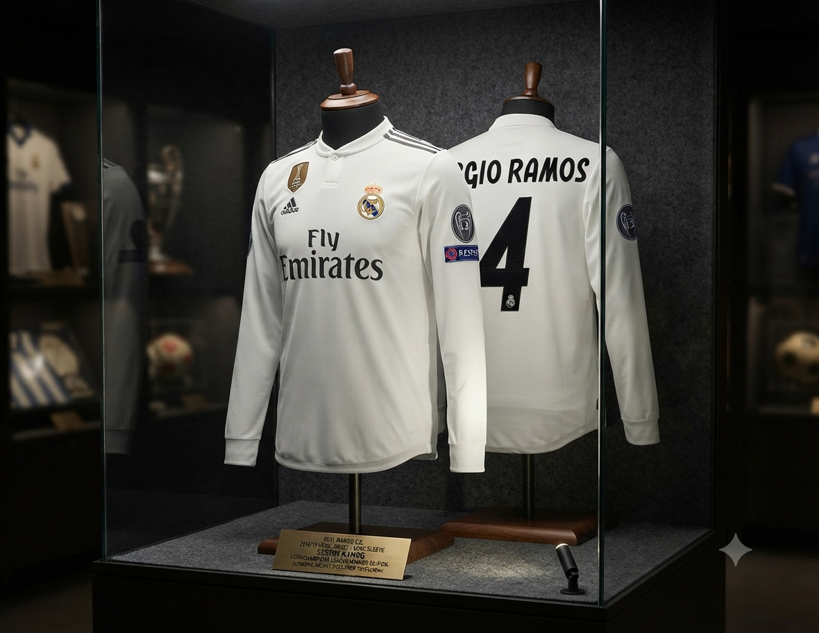 Exposición de archivo del jersey Adidas Authentic Match Manga Larga Local UCL 2018/19 de Sergio Ramos, mostrando frente y reverso con el emblemático dorsal 4, codigo DQ0869, en un entorno de exhibición premium de Historical Archive Boutique Futbol90MX