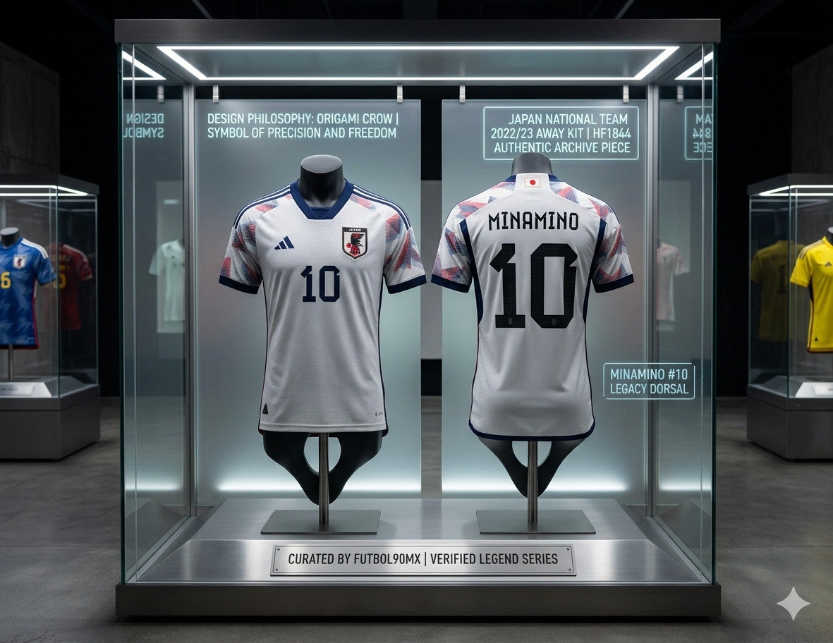 Jersey Adidas Japón Visita 2022 (HF1844) personalizado con Minamino #10 en exhibición de museo con iluminación premium de Futbol90MX.