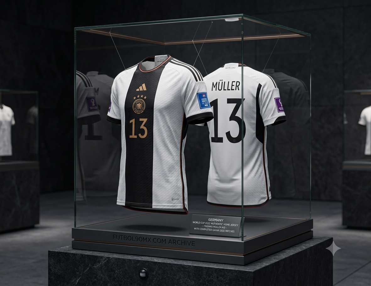 Jersey Adidas Authentic Match de Local Alemania Mundial FIFA 2022 de Thomas Müller exhibido en vitrina de archivo, codigo HF1693, pieza de colección curada y certificada por Futbol90MX.