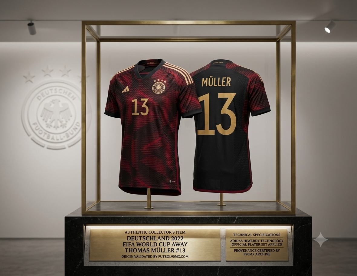 Imagen de calidad museo del jersey Authentic Match de visitante Alemania 2022 de Thomas Müller, exhibido como artefacto histórico en una vitrina personalizada. La parte frontal y trasera están montadas sobre un soporte minimalista. Una placa de bronce iluminada en el pedestal certifica la procedencia: 'AUTHENTIC COLLECTOR'S ITEM | DEUTSCHLAND 2022 | FIFA WORLD CUP AWAY | THOMAS MÜLLER #13 | CODE: HF1695, en Futbol90MX