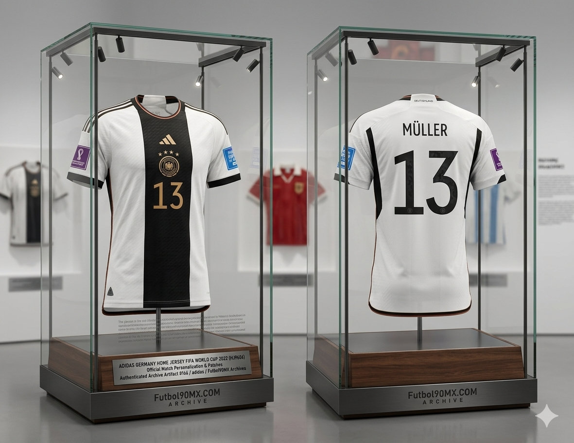 Ejemplares de archivo de Bóveda: Jersey Adidas de Alemania Local Mundial 2022 Thomas Müller #13 expuesto de frente y espalda en vitrinas iluminadas de museo Futbol90MX, codigo HJ9606
