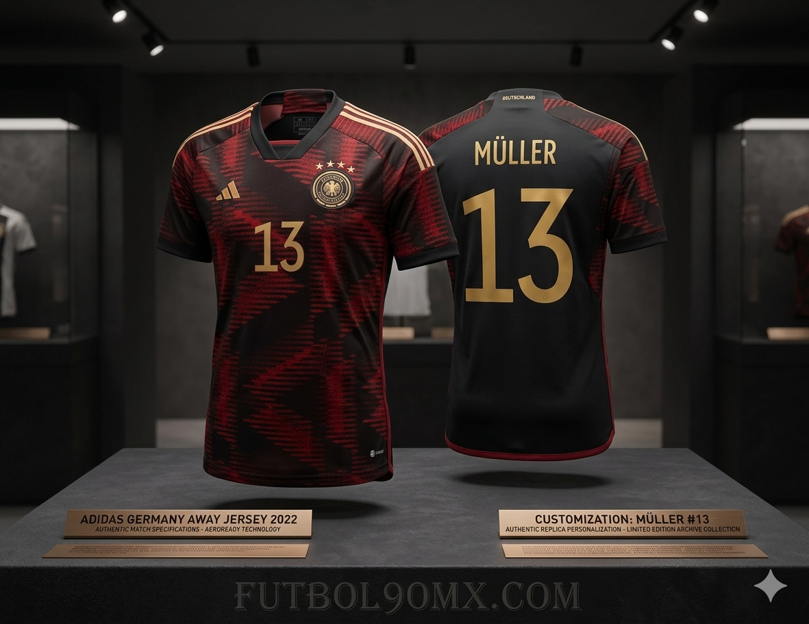 Exhibición de museo del jersey Adidas de Alemania 2022 personalizado como Thomas Müller #13. La prenda flota sobre un pedestal con placas doradas descriptivas en un entorno de archivo con iluminación dirigida. La imagen resalta el nombre y número en oro mate, junto a los detalles técnicos de la edición limitada de Futbol90MX codigo HJ9604