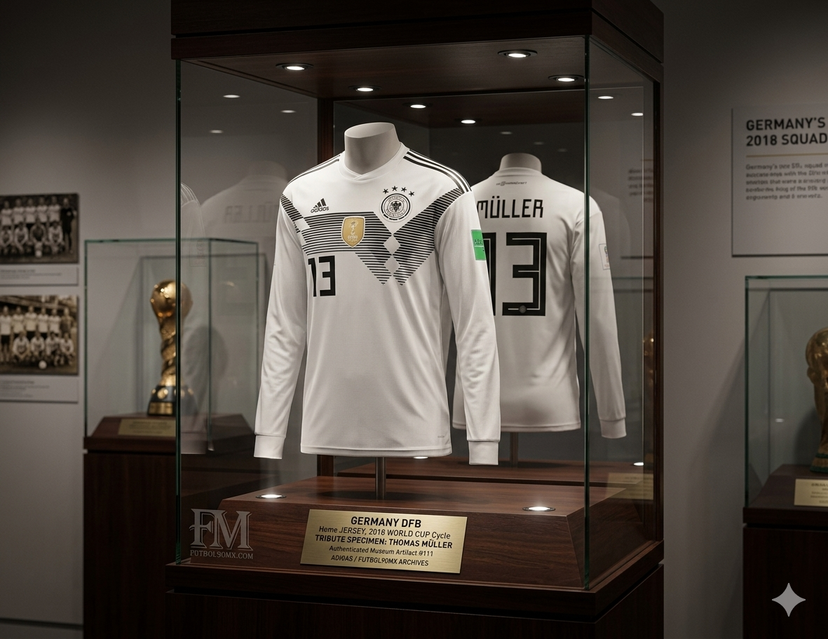 Jersey de colección de Alemania 2018 manga larga Thomas Müller 13 en vitrina de exposición con placa metálica de archivo histórico Futbol90MX, codigo Adidas BR7830