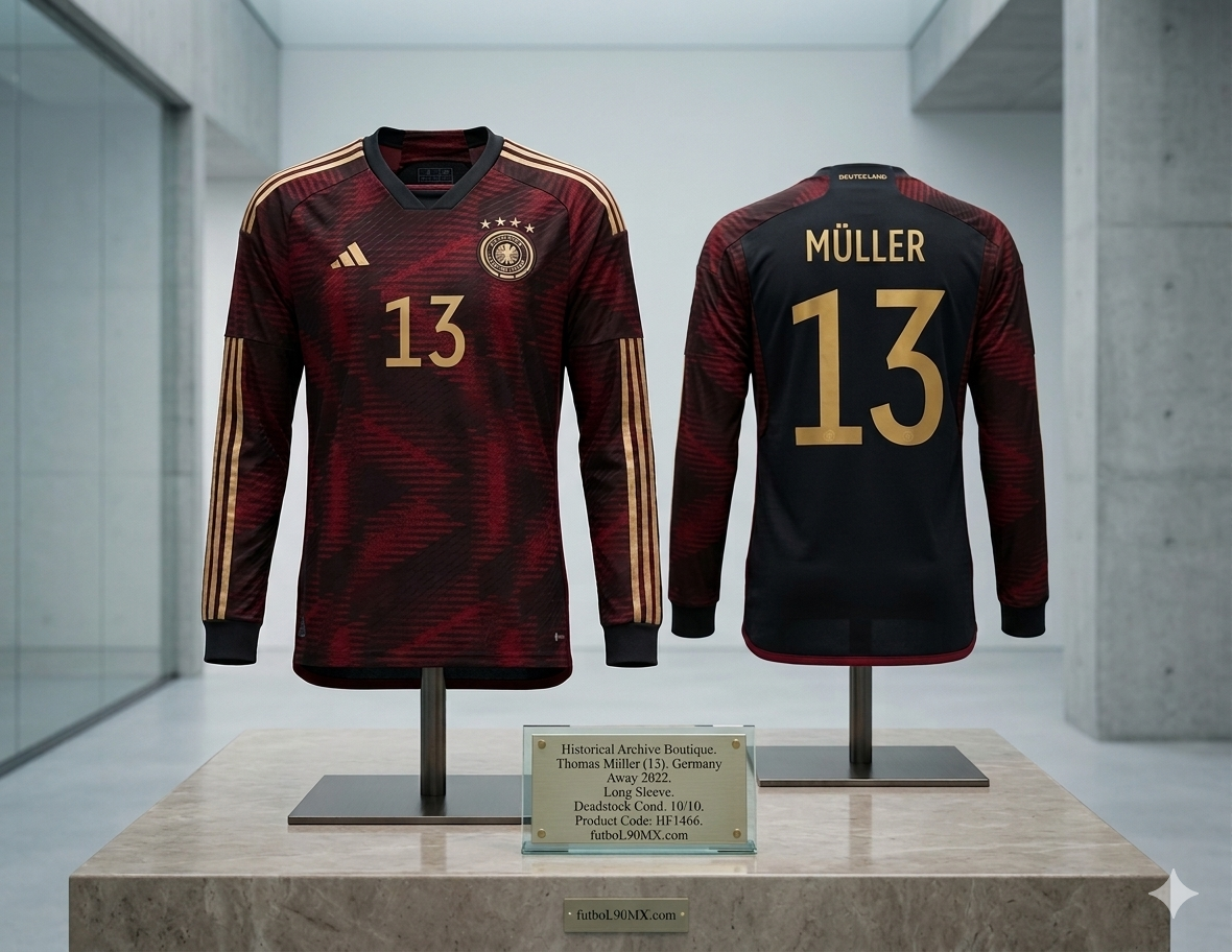 Fotografía de archivo del jersey Adidas de Thomas Müller Alemania 2022 manga larga en exhibición, codigo HF1466, estándar Historical Archive Boutique Futbol90MX
