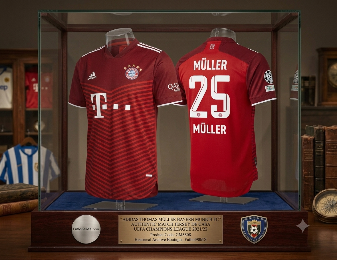 Exhibición de museo de élite para el jersey Adidas Authentic Match del FC Bayern Múnich de la UEFA Champions League 2021/22 personalizado con Thomas Müller #25 (Ref. GM5308) en vitrina de caoba con placa conmemorativa en Historical Archive Boutique Futbol90MX