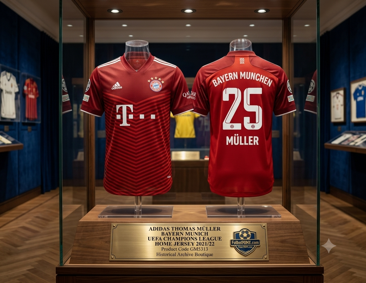 Vista con calidad de museo de una vitrina de archivo iluminada con LED en un entorno sobrio, que exhibe conjuntamente el frente y el reverso del jersey Adidas del FC Bayern München UCL 2021/22 de Thomas Müller #25 sobre bases estilizadas, con una placa descriptiva de la colección en la parte inferior, codigo GM5313, en Historical archive Boutique Futbol90MX