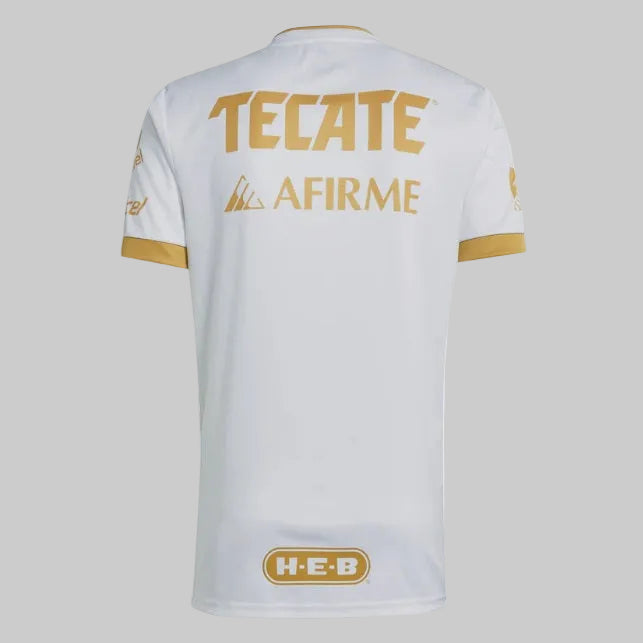 Vista posterior del jersey tercero Adidas de Tigres UANL 2020/21 (código GK8588), mostrando la espalda limpia en color blanco con los acabados institucionales de la temporada, stock Futbol90MX