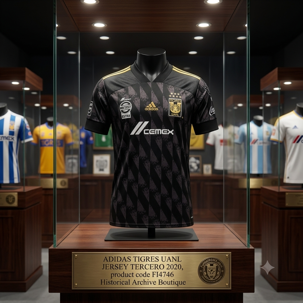 Vista de estudio con calidad de museo que muestra la camiseta de fútbol Adidas Tigres UANL Third Jersey 2020, presentada sobre un maniquí invisible y alojada dentro de una vitrina de vidrio con acabados de madera oscura e iluminación LED incorporada. La vitrina cuenta con una placa grabada debajo que dice: "ADIDAS TIGRES UANL JERSEY TERCERO 2020, product code FI4746, Historical Archive Boutique", y un distintivo circular grabado con el logotipo de Futbol90MX.com