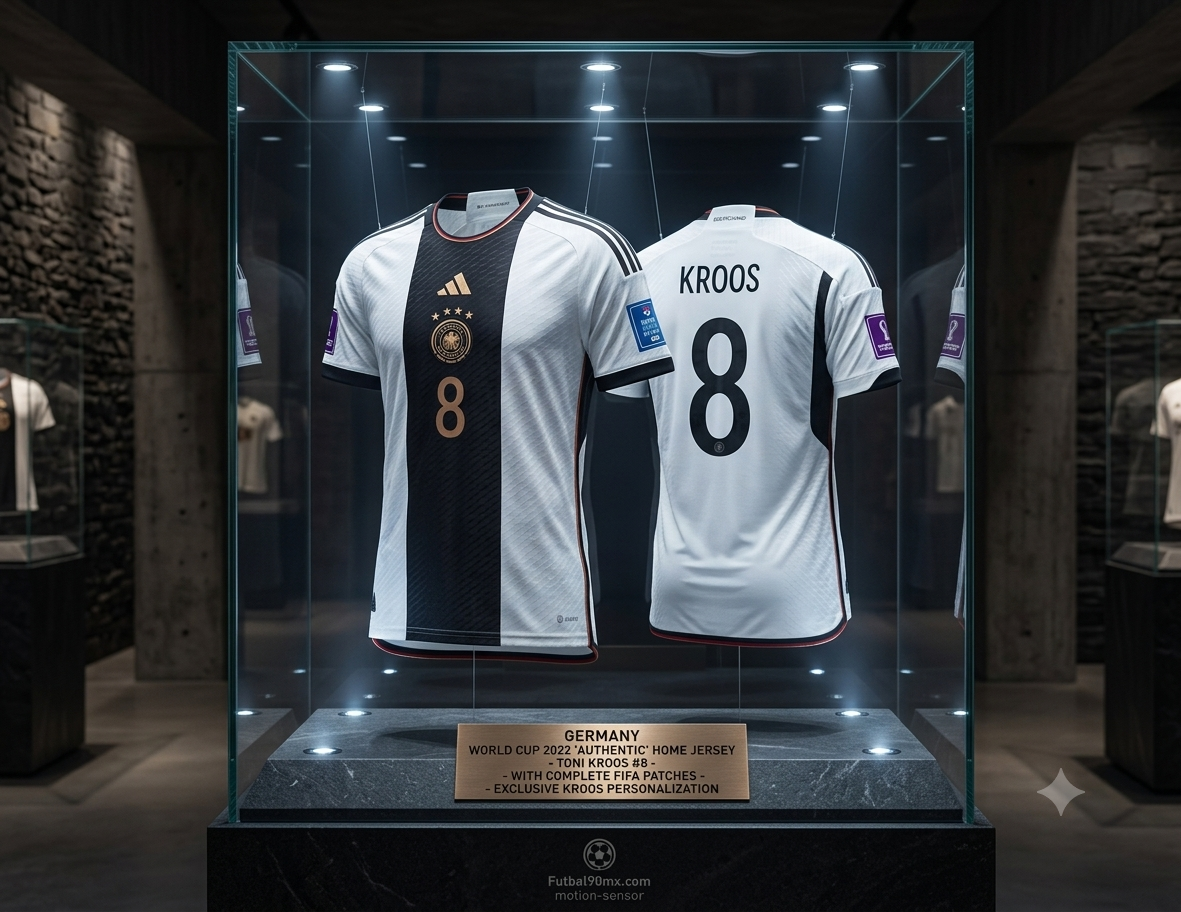 Jersey Adidas Authentic Match Local de Toni Kroos de Alemania, codigo HF1693, exhibido en vitrina de archivo, con placa de identificación 'Legend Series' y parches de la Copa Mundial FIFA 2022, curado por Futbol90MX.
