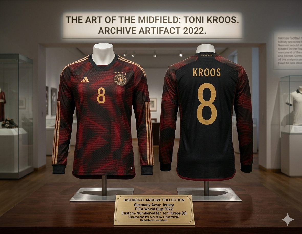 Fotografía de archivo del jersey adidas de Toni Kroos Alemania 2022 manga larga en exhibición, codigo HF1466, estándar Historical Archive Boutique Futbol90MX